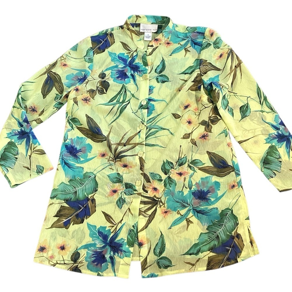Susan‎ Graver Style Crinkle Lightweight Semi-Sheer Floral Tunic Blouse - Medium